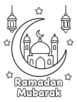 Free printable Mosque In Crescent Moon With Lanterns coloring page