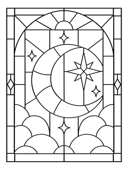A crescent moon stained glass coloring page with stars and stylized clouds.