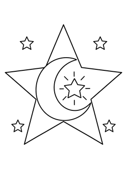 A crescent moon and shining night sky inside a star coloring page.
