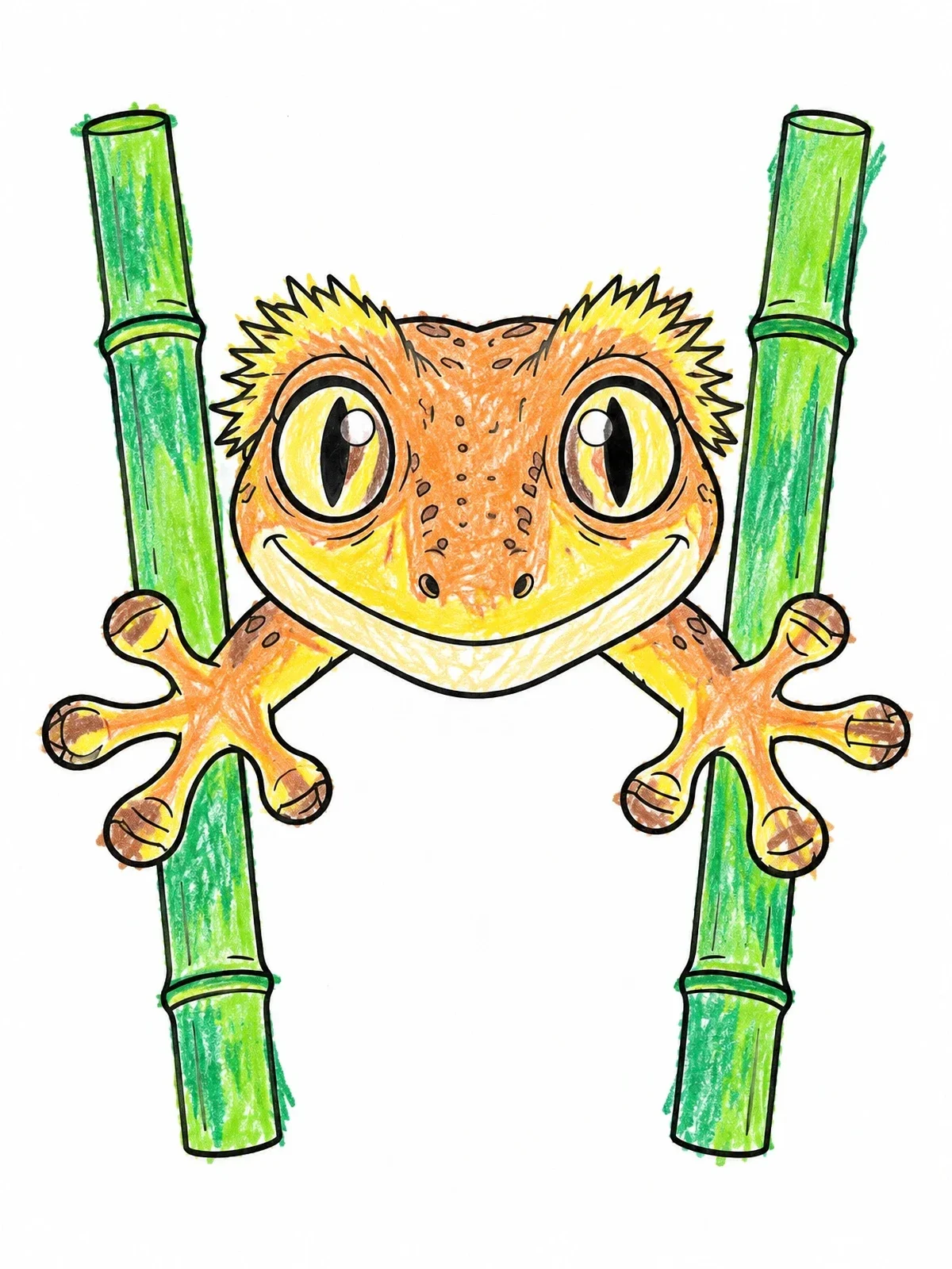 Colored example of the Cute Crested Gecko Peeking Between Bamboo coloring page