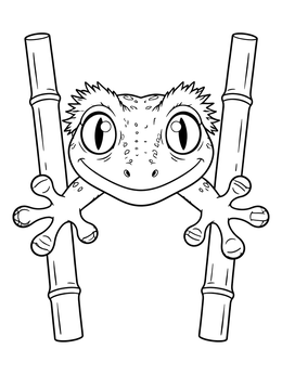 A crested gecko coloring page showing a smiling lizard holding onto two bamboo stalks.