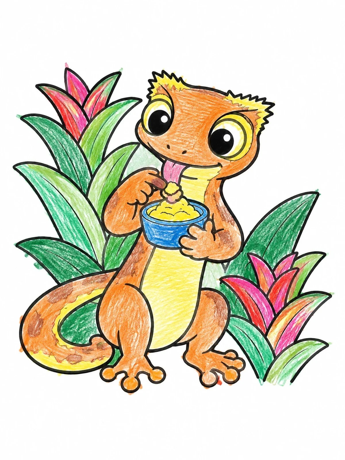 Colored example of the Cute Crested Gecko Eating Fruit coloring page