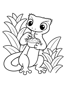 A cute crested gecko coloring page showing the lizard eating fruit puree near tropical plants.