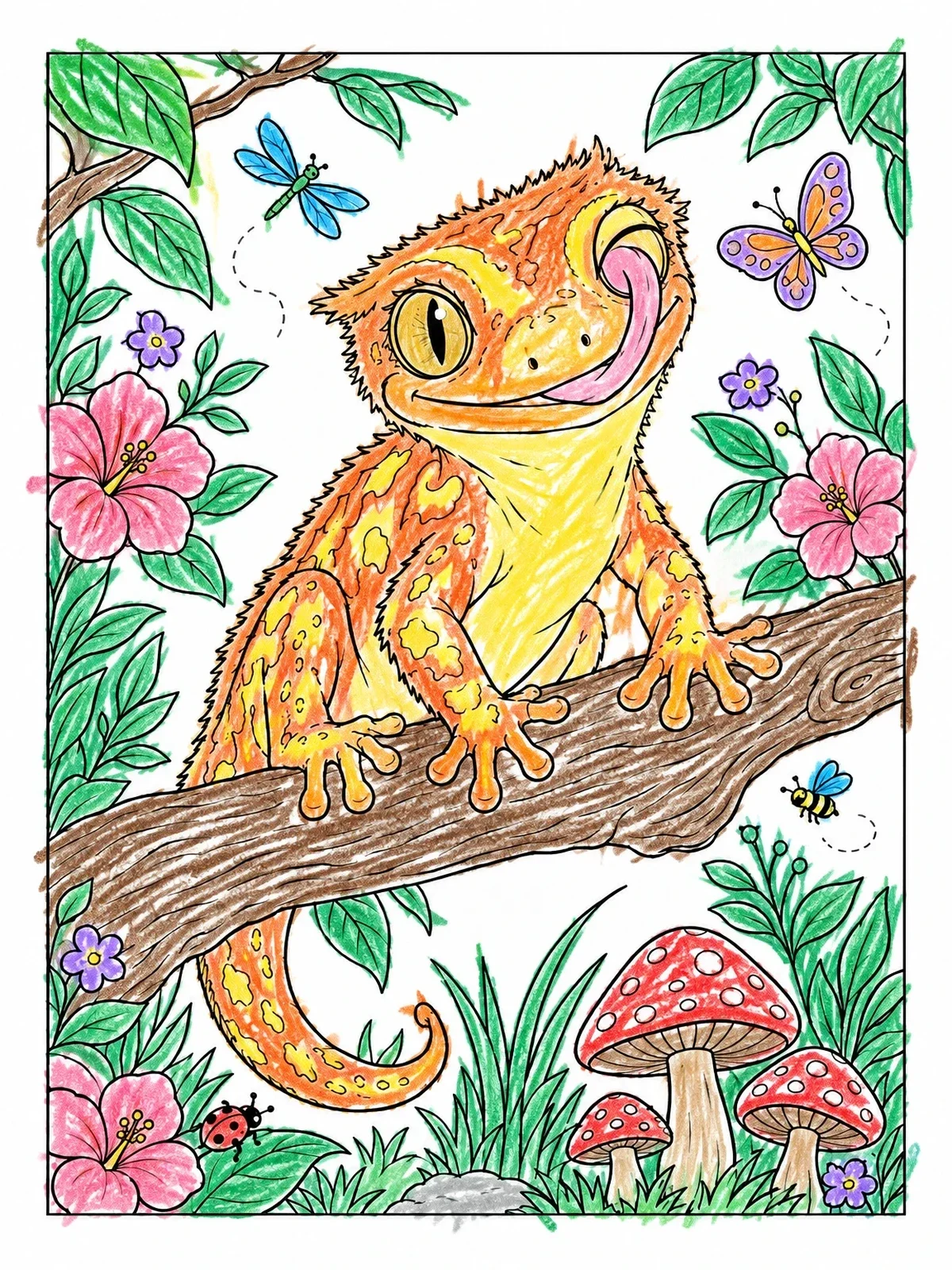 Colored example of the Cute Crested Gecko On Branch coloring page