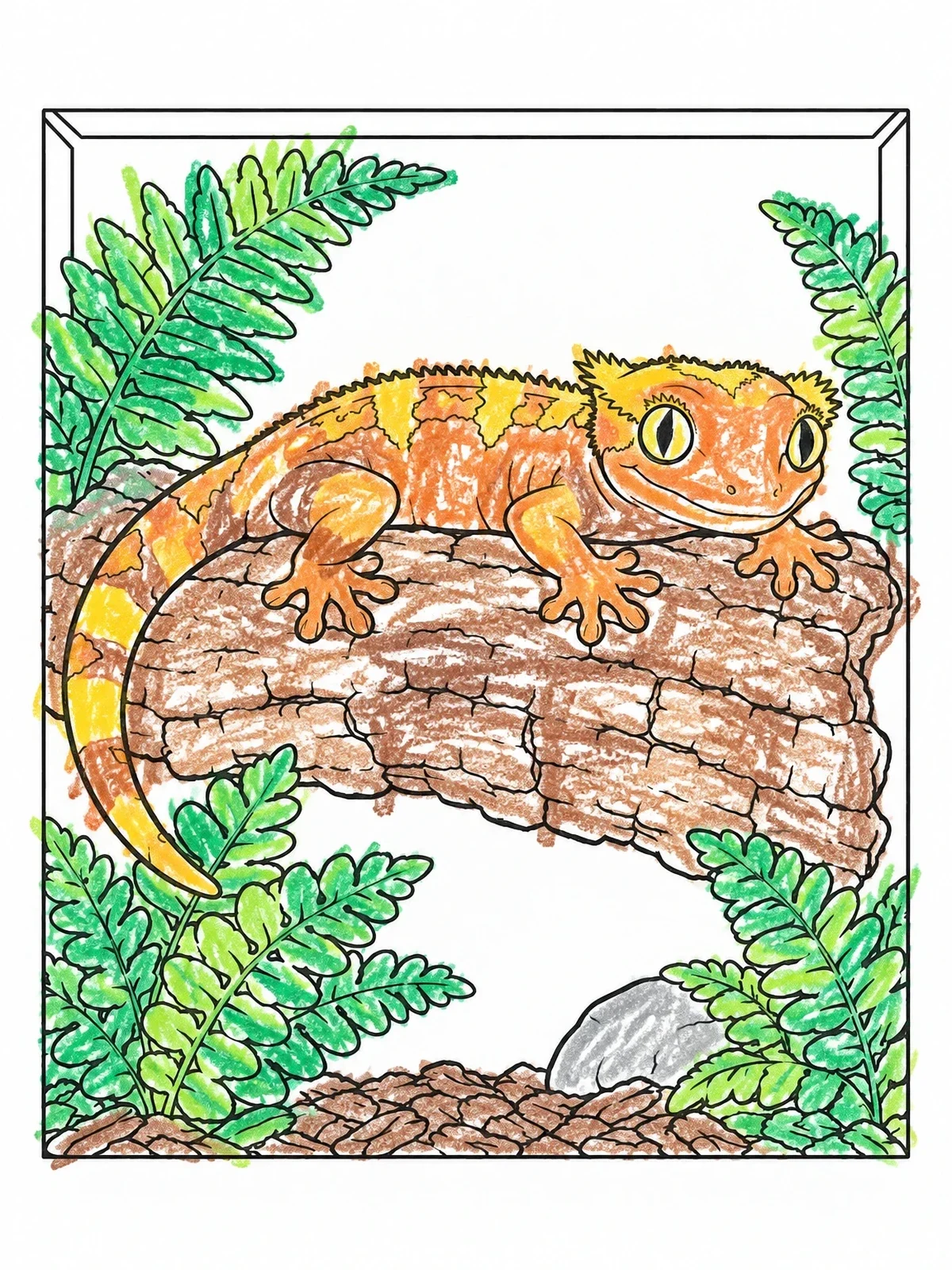 Colored example of the Crested Gecko On Cork Bark coloring page