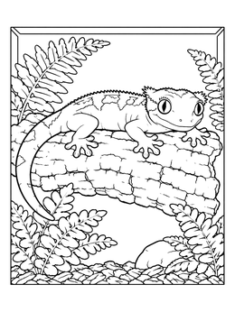 A smiling crested gecko resting on a log in this gecko coloring page.
