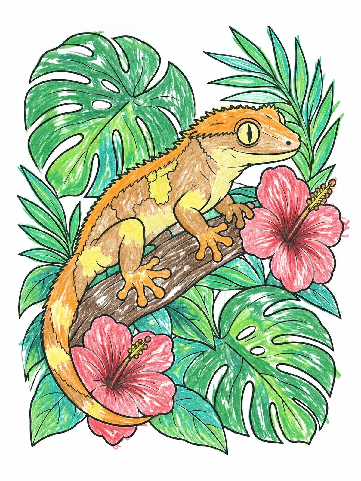 Colored example of the Crested Gecko On Tropical Branch coloring page