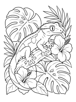 A detailed crested gecko coloring page resting among hibiscus and jungle foliage.