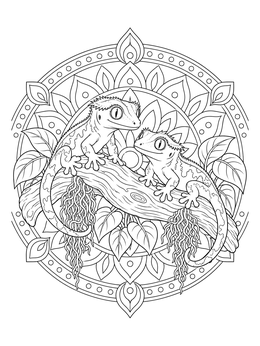 Two crested geckos rest on a branch in this gecko coloring page with a detailed mandala background.