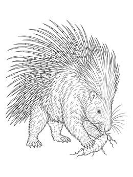 Realistic porcupine coloring page showing a crested porcupine holding a root tuber.