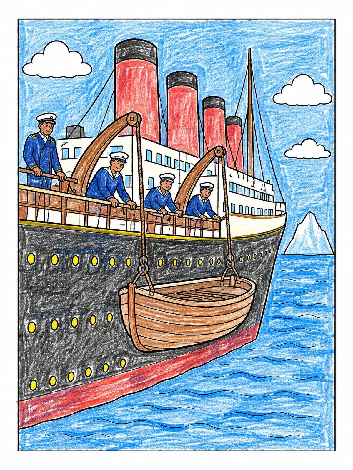 Colored example of the Crew Lowering A Lifeboat coloring page