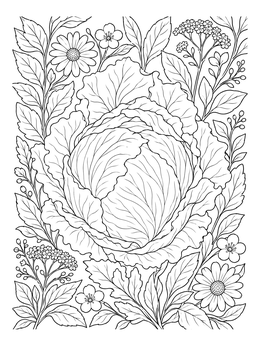A detailed head of iceberg lettuce surrounded by garden flowers on this lettuce coloring page.