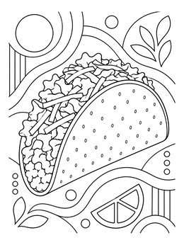 A detailed taco coloring page featuring lettuce, cheese, and abstract shapes.