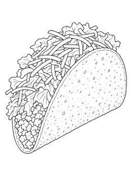 A detailed taco coloring page featuring cheese, lettuce, and meat inside a shell.
