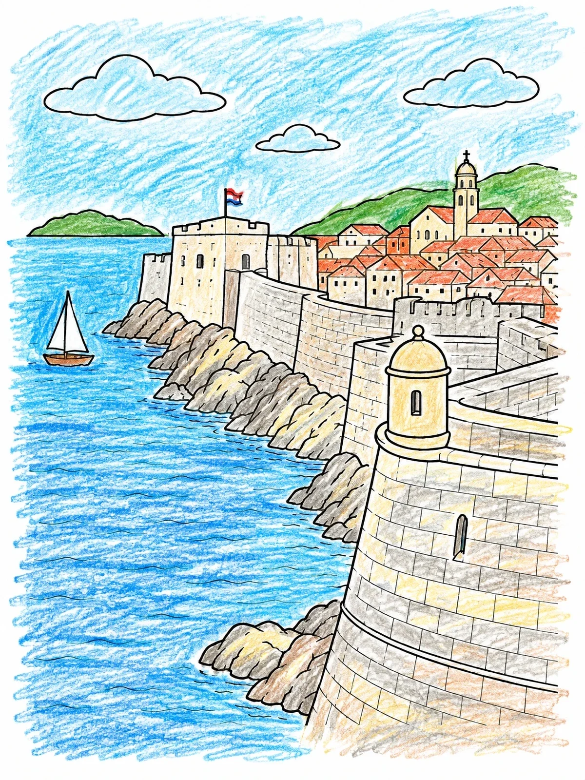 Colored example of the Dubrovnik Seaside City Walls coloring page