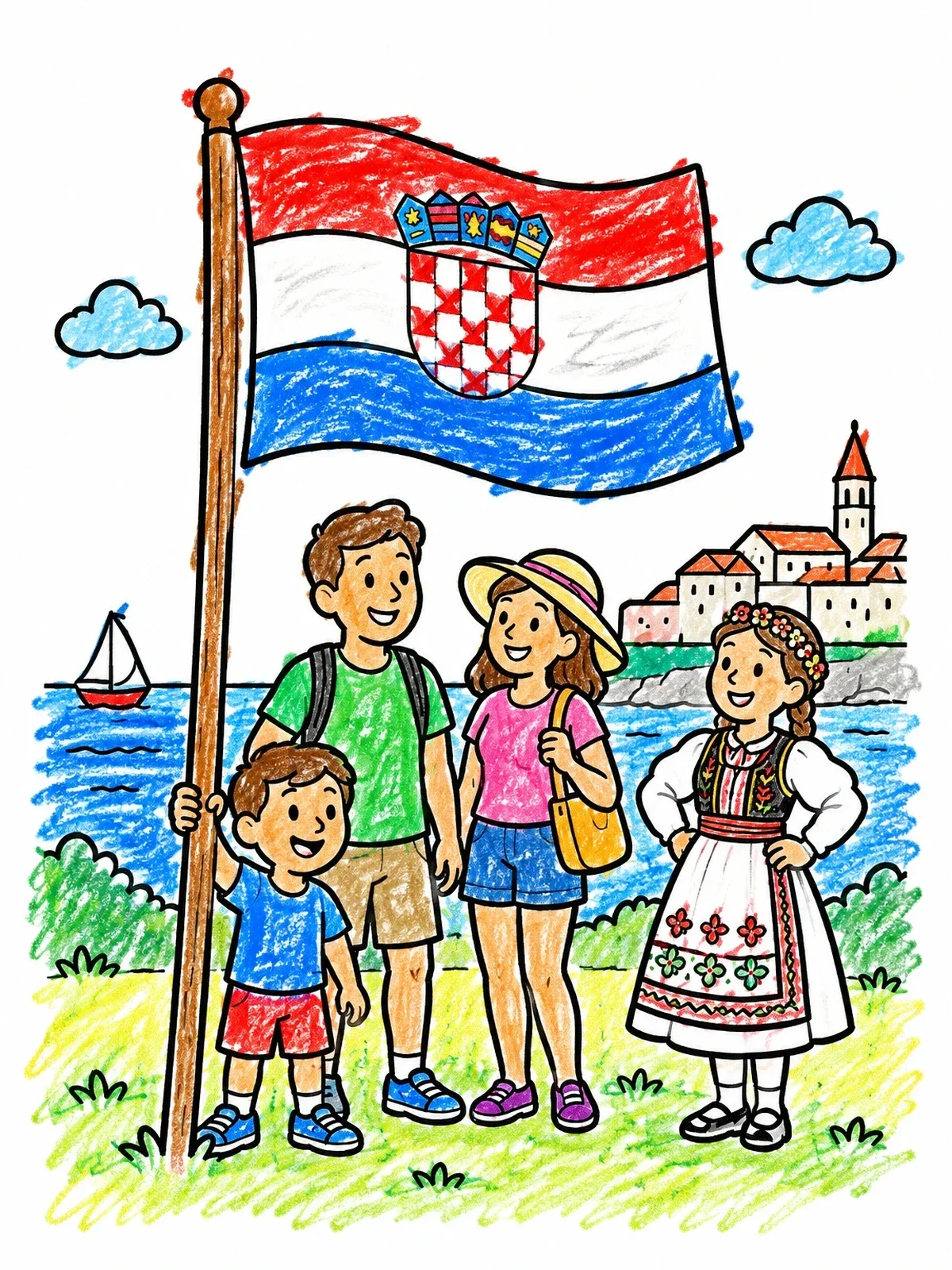 Colored example of the Family Vacation By Croatian Coast coloring page