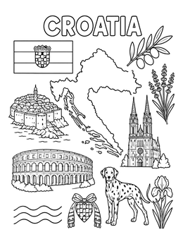 Free printable Croatia Map And Cultural Symbols coloring page