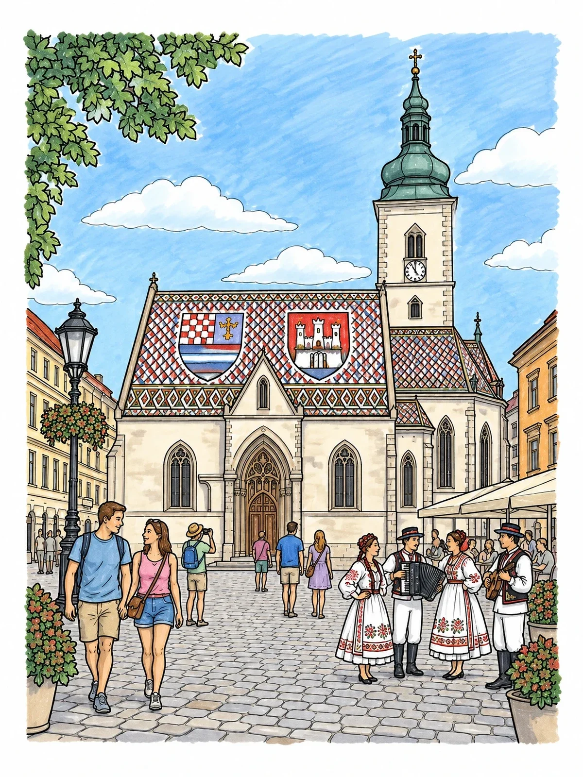 Colored example of the St. Mark's Church In Zagreb coloring page