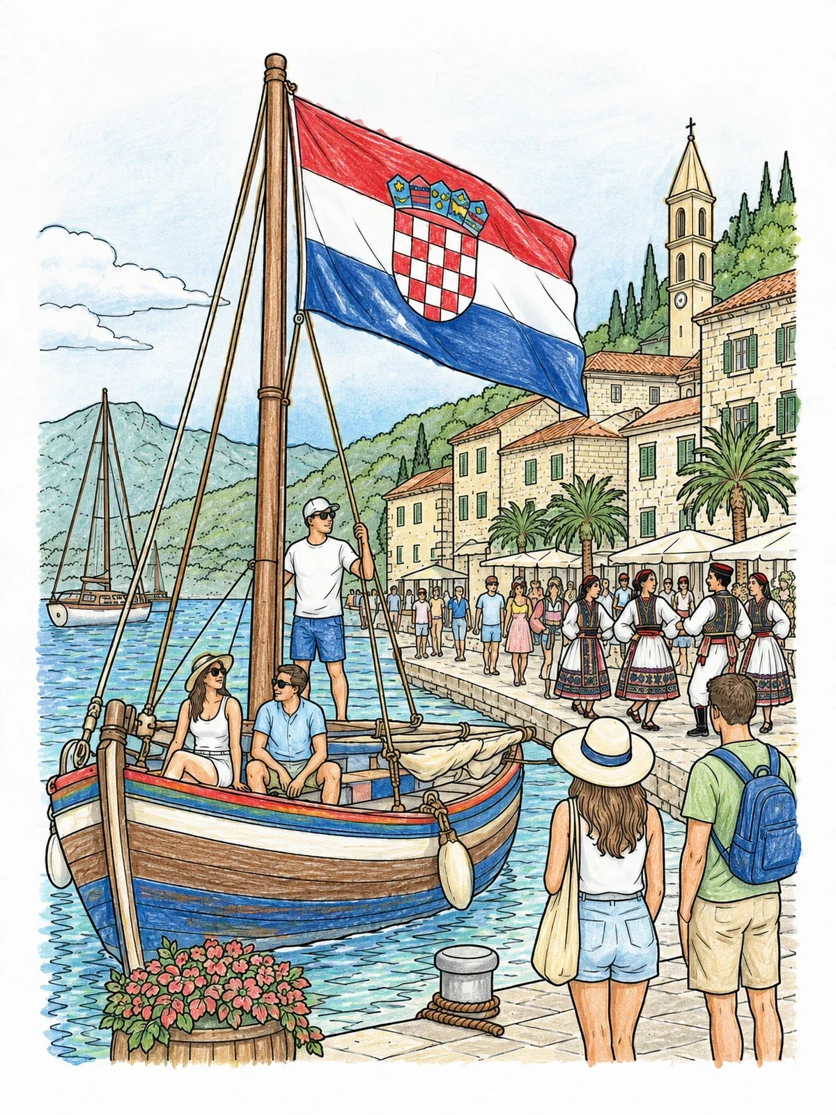Colored example of the Croatian Boat At Coastal Harbor coloring page