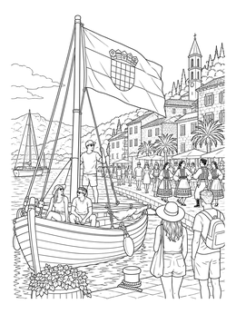 A vibrant croatia coloring page featuring a sailboat flying the national flag along a bustling Mediterranean promenade.
