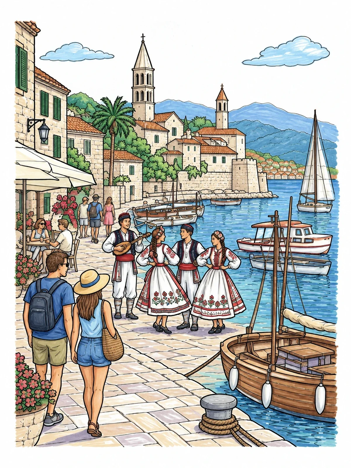 Colored example of the Croatian Harbor And Folk Dancers coloring page