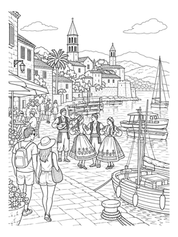 Dancers perform by the coast in this detailed croatia coloring page.