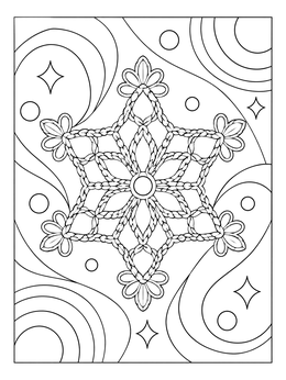 An intricate crocheted lace snowflake ornament coloring page surrounded by swirling lines and stars.