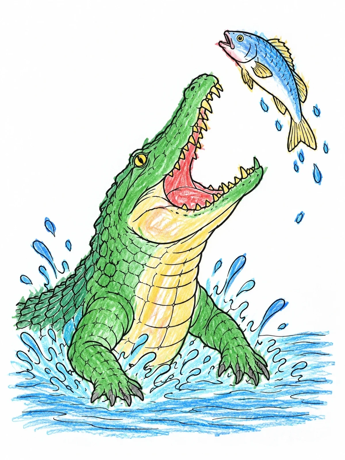 Colored example of the Crocodile Catching A Leaping Fish coloring page