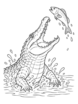 A dynamic crocodile coloring page showing a croc leaping from splashing water to catch a fish.