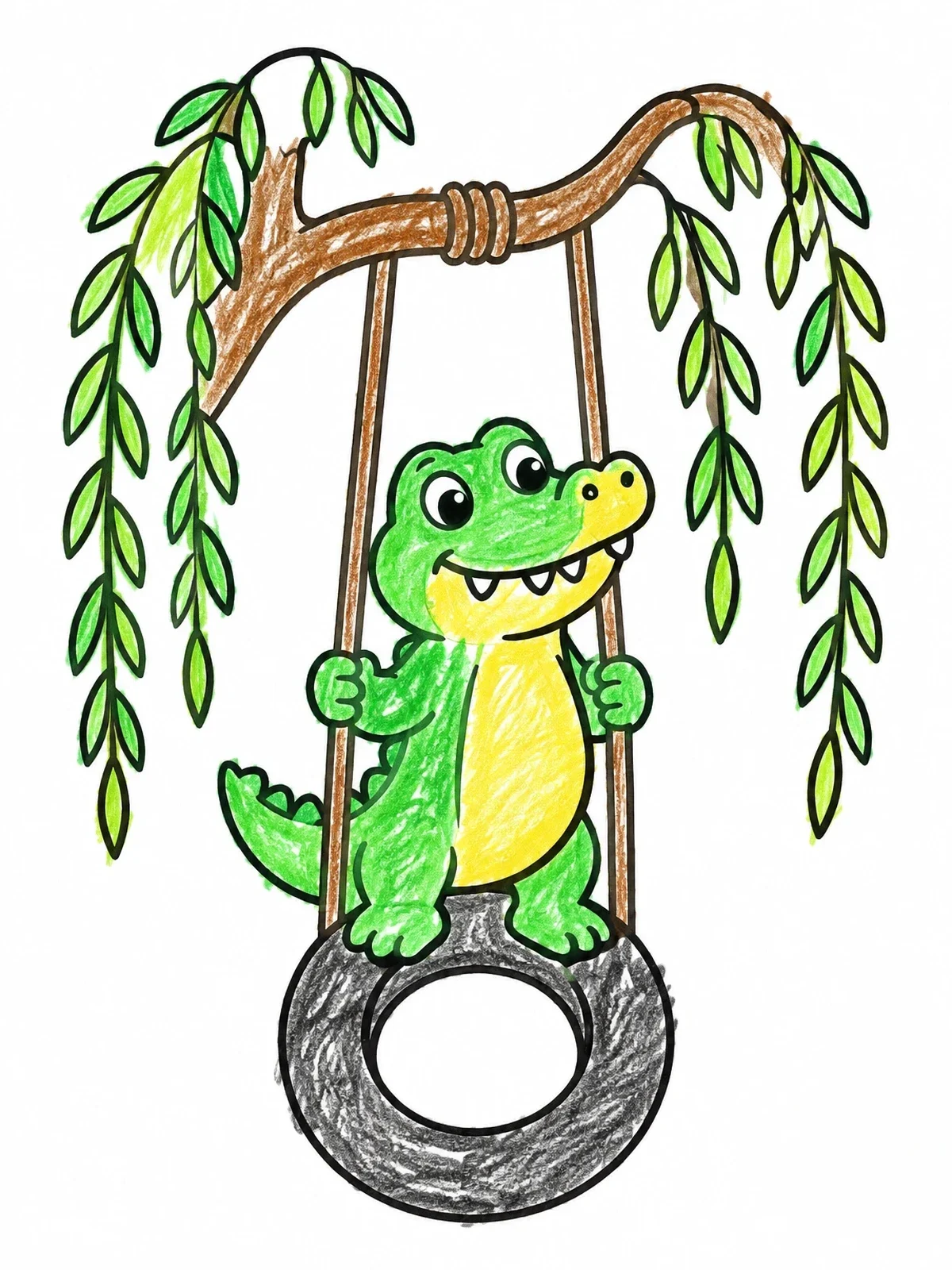 Colored example of the Crocodile On A Tire Swing coloring page