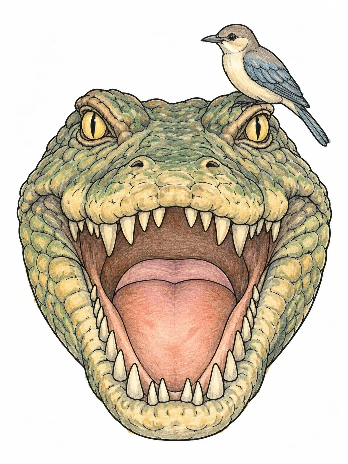 Colored example of the Crocodile With Bird On Head coloring page
