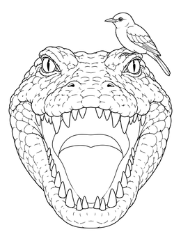 A detailed crocodile coloring page showing an open mouth and a small perched bird.