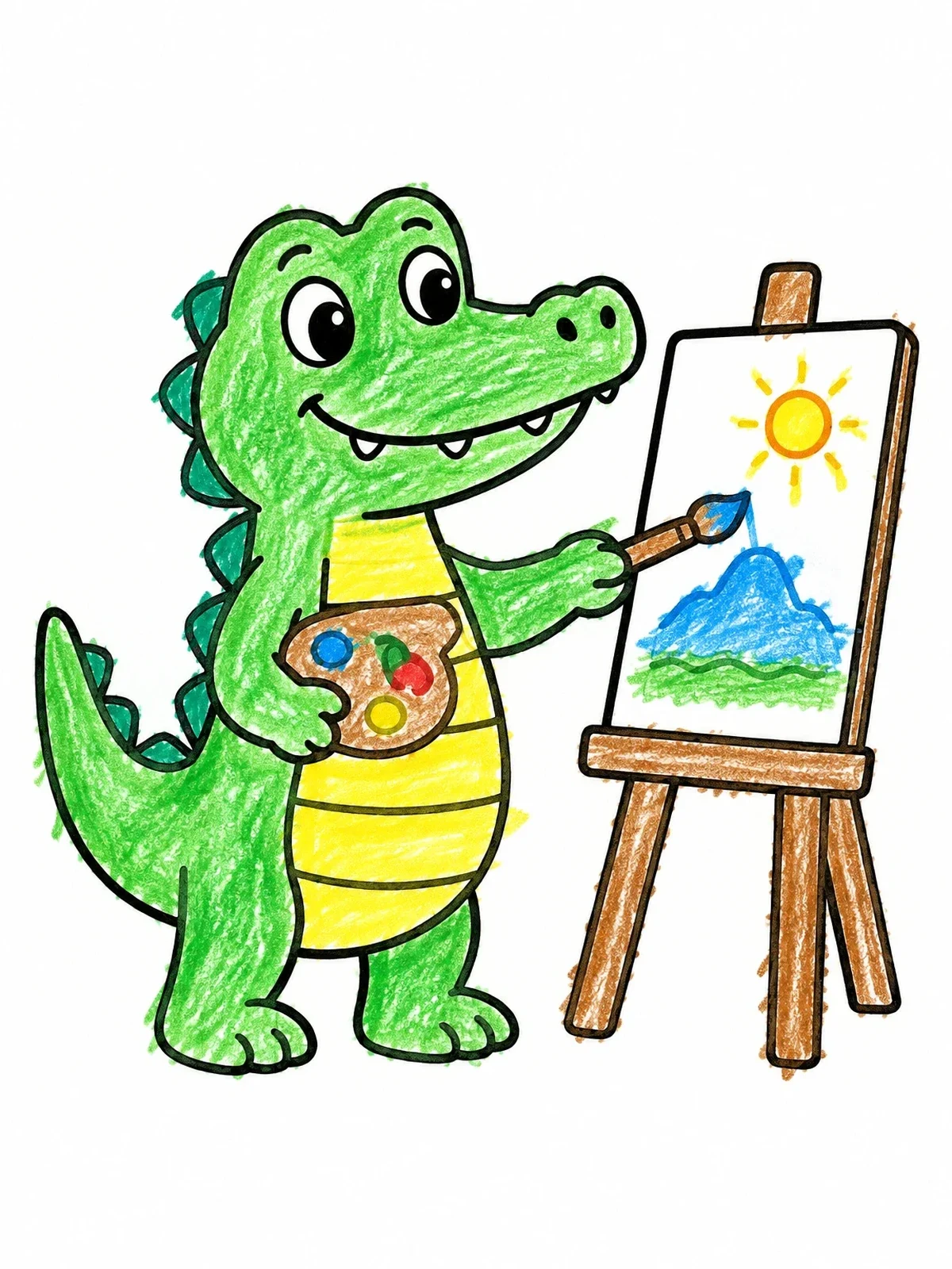 Colored example of the Little Crocodile Painting On Easel coloring page
