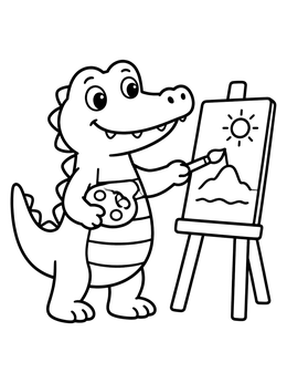 A cheerful crocodile coloring page showing a friendly reptile painting a sunny landscape on an easel.