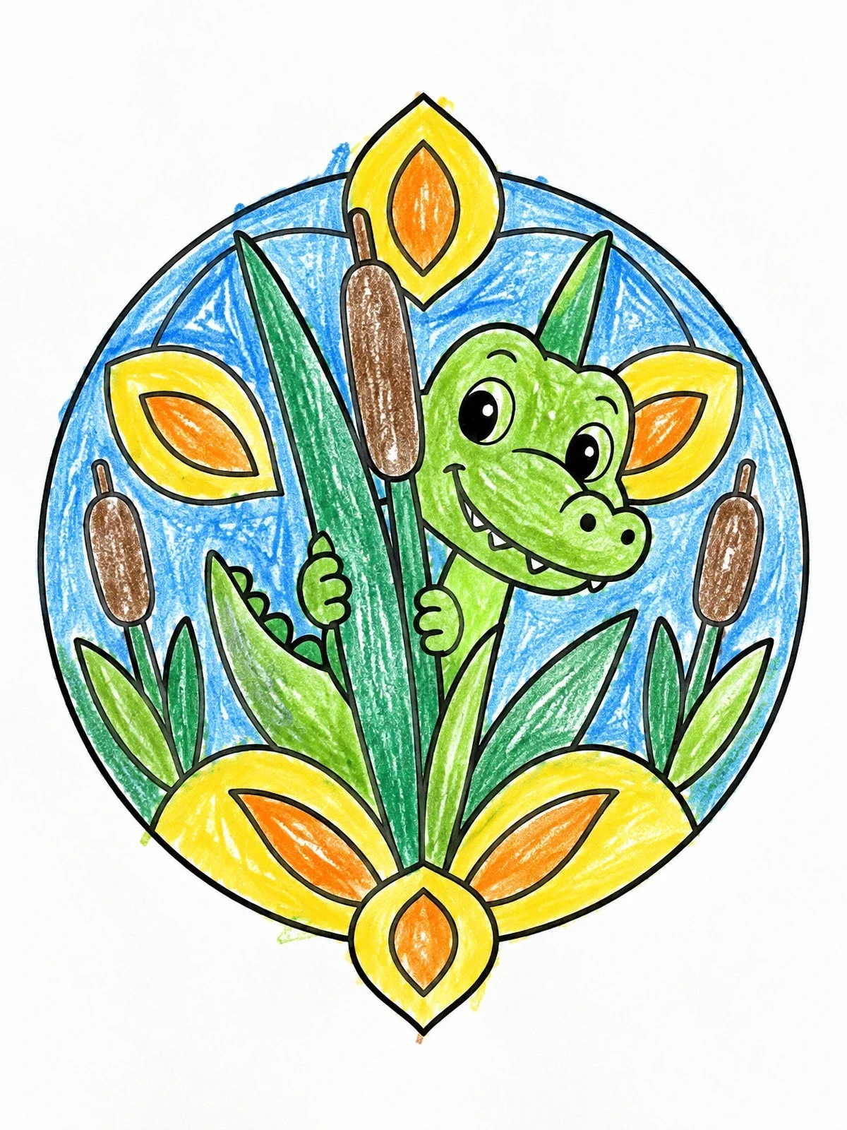 Colored example of the Crocodile Peeking Behind Reeds Mandala coloring page