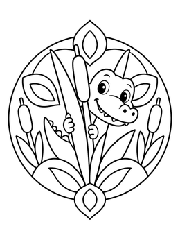 A playful crocodile coloring page framed in a circular reed design.