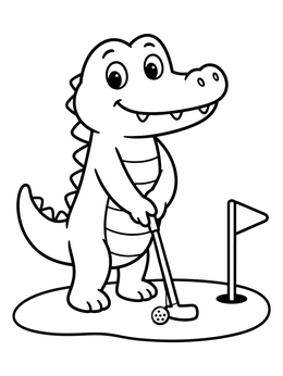 A happy crocodile coloring page showing the reptile playing mini golf with a putter.