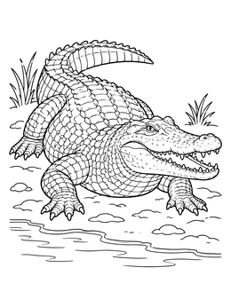 A detailed crocodile coloring page shows the reptile resting near the water's edge.