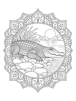 Detailed crocodile coloring page framed in a decorative circular mandala pattern.