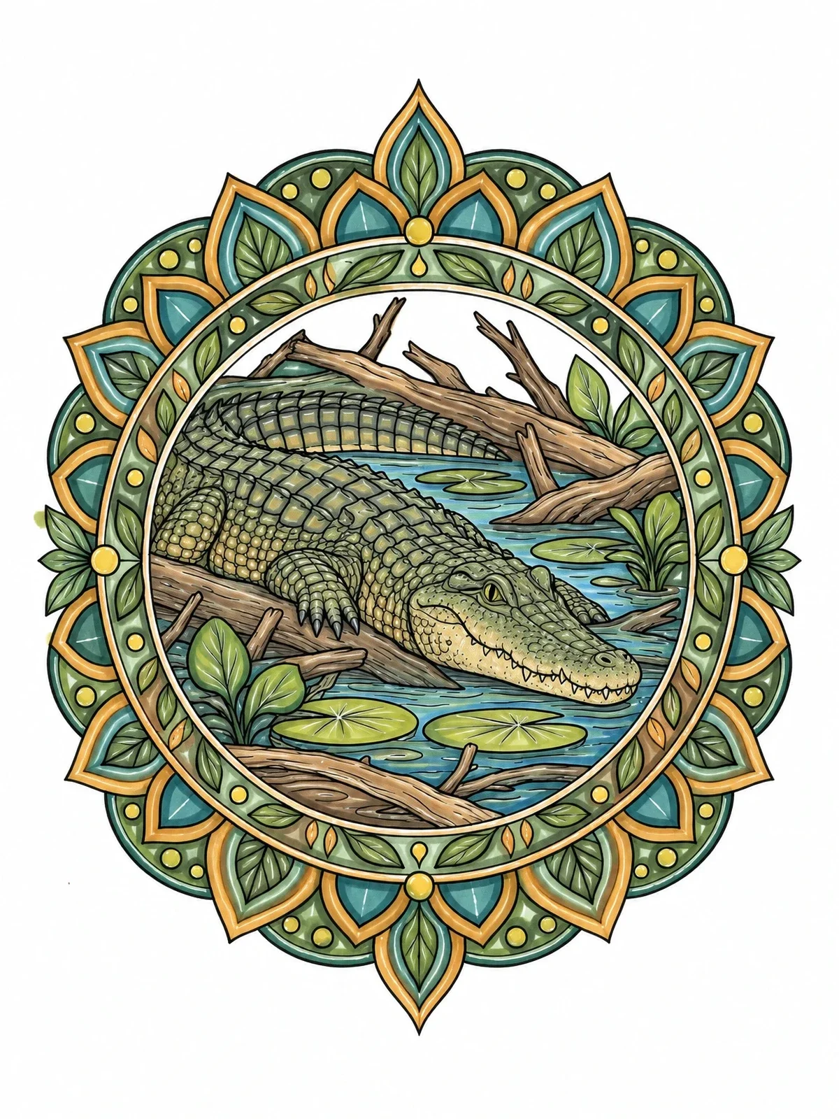 Colored example of the Crocodile Resting In River Mandala coloring page