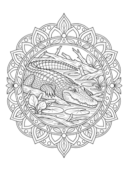 A detailed crocodile coloring page framed by an ornate circular floral mandala.