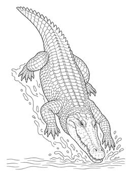 A detailed crocodile coloring page showing a reptile sliding into splashing water.