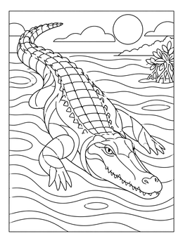 A detailed crocodile coloring page showing a large reptile gliding through ocean ripples under the sun.