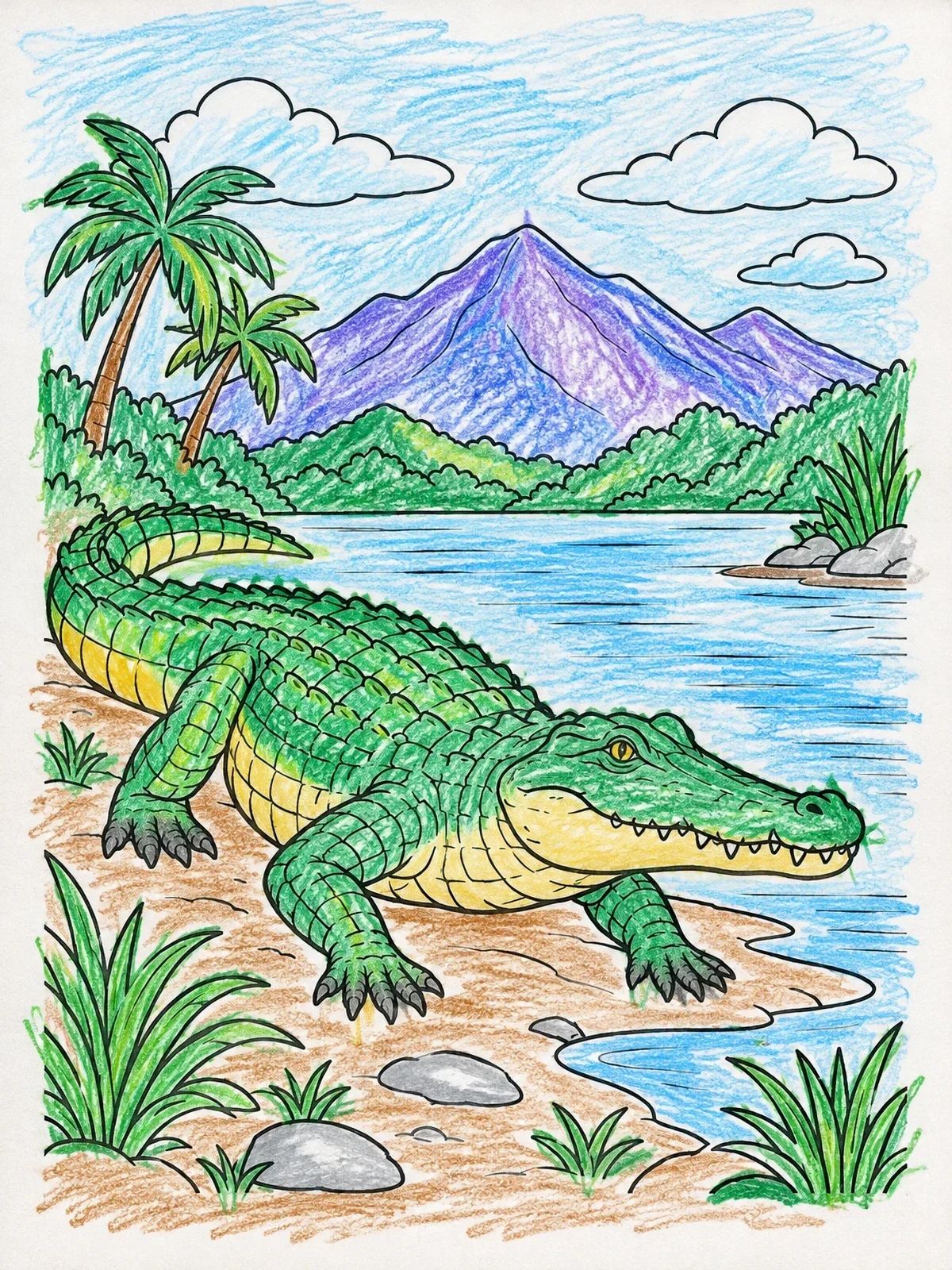 Colored example of the Crocodile By The Tropical Riverbank coloring page