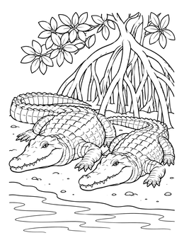 Two reptiles relax near the riverbank in this crocodile coloring page.