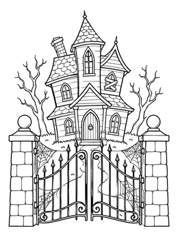 A spooky crooked haunted house coloring page viewed through wrought-iron gates with cobwebs.