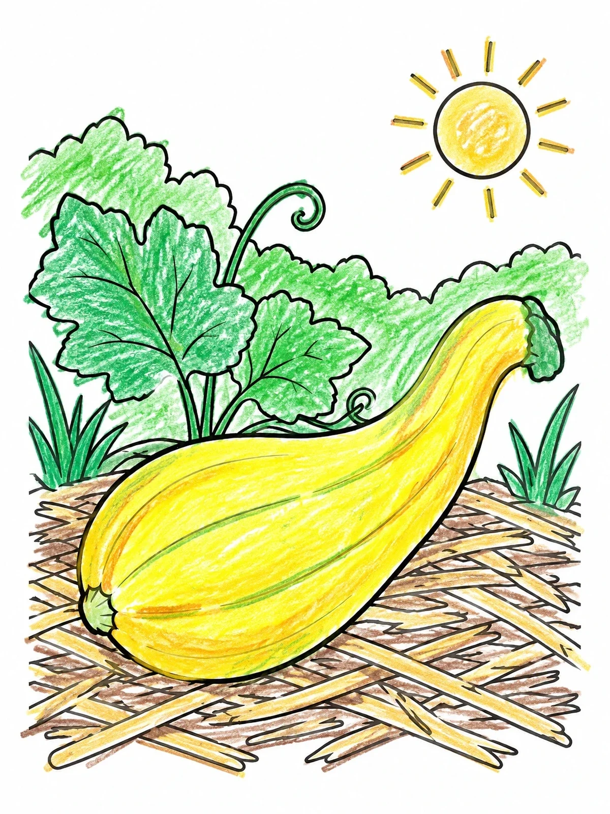 Colored example of the Crookneck Squash In The Garden coloring page