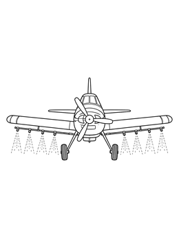 An agricultural crop duster airplane coloring page spraying mist from nozzles under its wings.