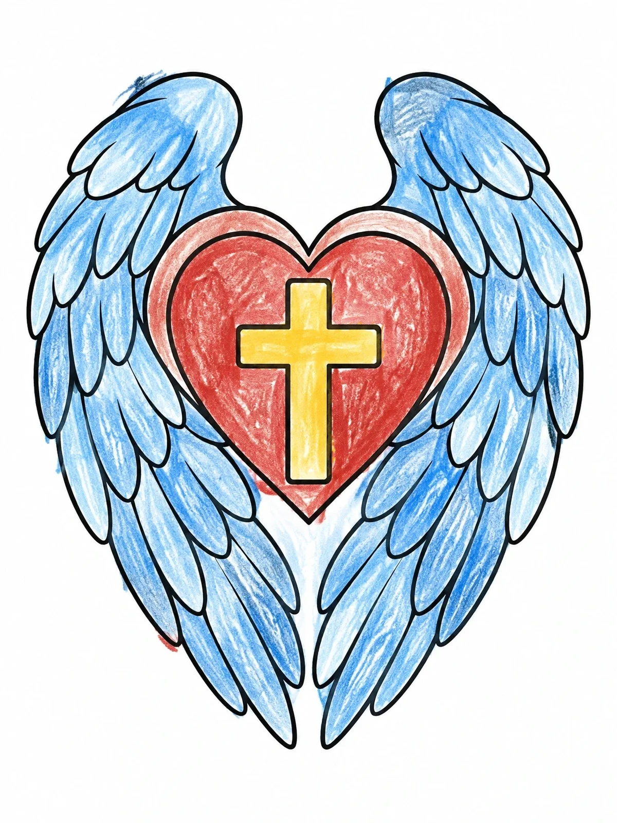 Colored example of the Cross And Heart With Angel Wings coloring page