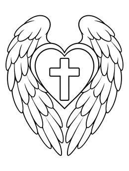 Symmetrical cross and heart coloring page framed by feathered angel wings.